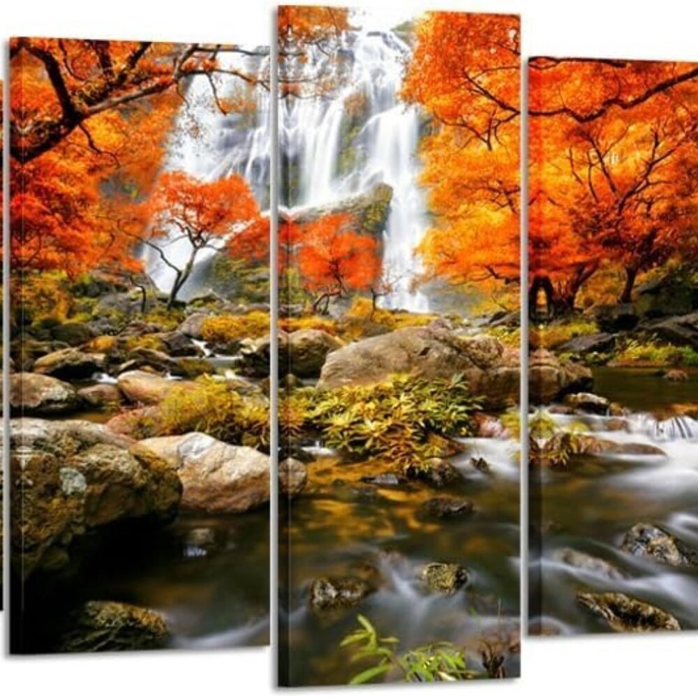 Autumn Forest Waterfalls 5 Piece Modern Wrapped Giclee Canvas Prints Artwork Lan